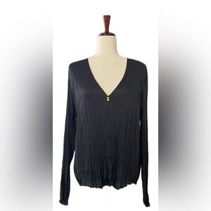 Vince Double V-Neck Pleated Popover Black Top Blouse Size Large